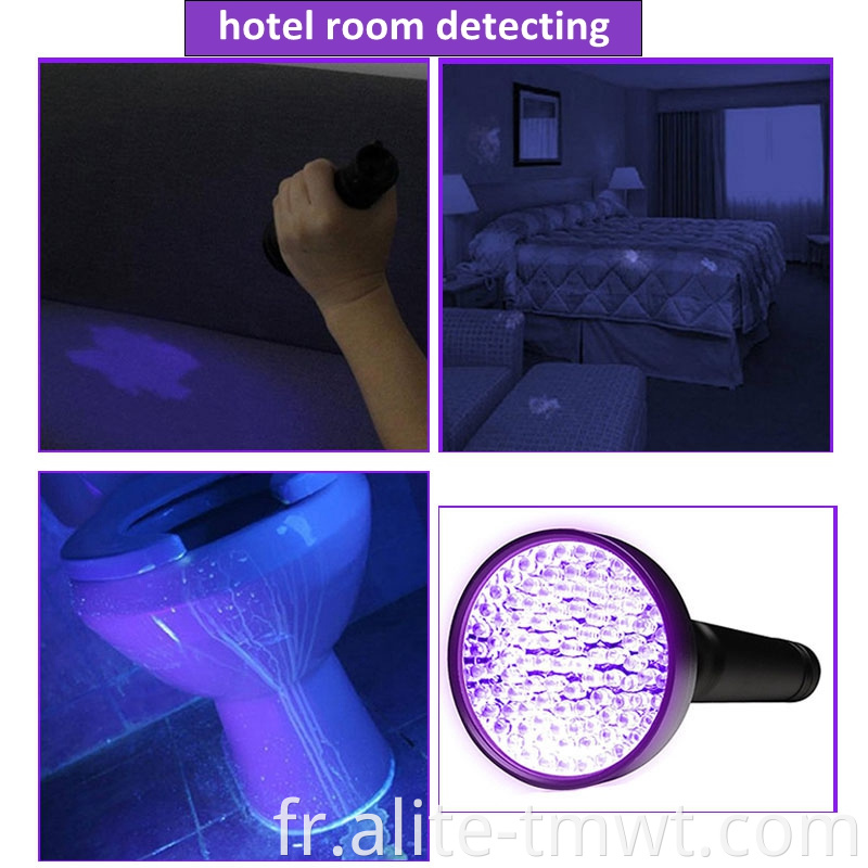 100 lampe de poche UV LED 395nm Détecteur de lampe noire ultraviolette pour l'urine de chien, les chambres d'hôtel, les taches d'animaux de compagnie et la punaise de lit.